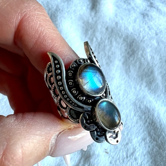 925 Flash Labradorite GODDESS ANGEL WING Ring 9 or 11 - Picture 5 of 13
